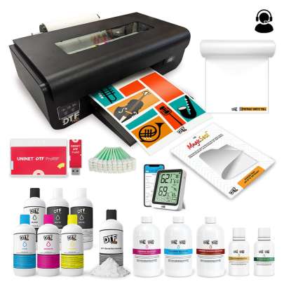 INSPIRE SERIES BUNDLE: Includes the DTFPRO INSPIRE A3+ DTF Printer with BI-Directional Roll Feeder, WICS (White Ink Circulation System), White Ink Stirring, Vacuum, RIP Software, Training and Onboarding, 1 L DTF ink, 1.75lb DTF Powder, 100m DTF Roll