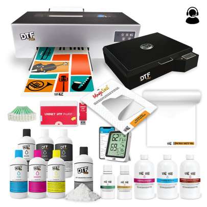 DTF PRO INSPIRE A4 DTF Printer, Heat Station and Supplies Bundle (includes a BI-Directional Roll Feeder, White Ink Circulation System, White Ink Stirring, Vacuum, RIP Software, Training and Onboarding, 6 L DTF ink, 3.5lb DTF Powder, 100 DTF Sheets + DTF H