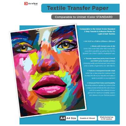 100 sheets B Media: DuraFirm 2 Step Transfer Paper - equivalent to Uninet icolor STANDARD Transfer Media and compatible with both iColor and OKI transfer printers (2 Step 'B' Transfer Media for Light Dark Textiles - A4 (210mm x 297mm)