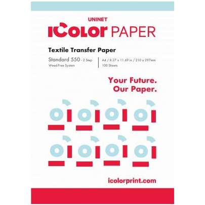 100 sheets: iColor 2 Step Standard 550 'A' Transfer Media for Light and Dark Textiles - A4 8.27